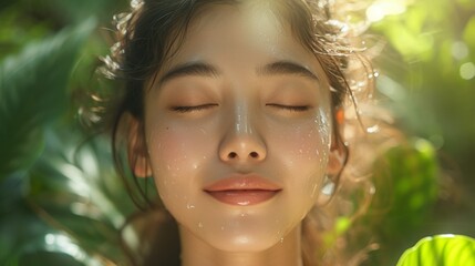 Asian young woman, relax, smile, eyes closed, inhale fresh air, expression air in forest - obrazy, fototapety, plakaty