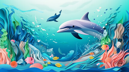 paper cut underwater background with ocean plastic pollution.