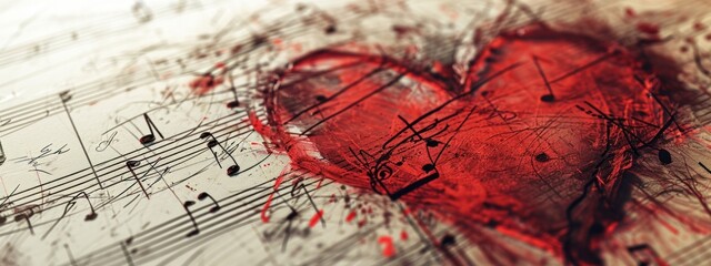 A heart bleeds onto musical notes, symbolizing the profound and often painful connection between...