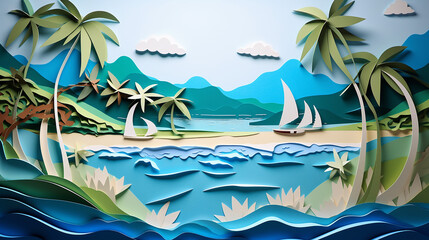 Fototapeta na wymiar paper cut island beach landscape with sea boats