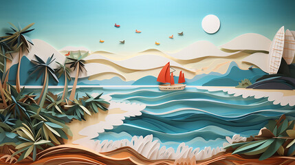 Fototapeta na wymiar paper cut island beach landscape with sea boats