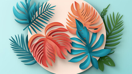 paper cut summer beach exotic plum decoration with palm leaf in cut round banner.