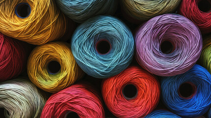 Spools of colorful spools of yarn viewed from above.