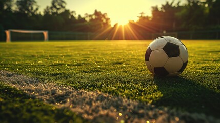 textured free soccer field in the evening light - center, midfield with the soccer ball  - obrazy, fototapety, plakaty