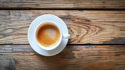 Top view Coffee with white cup on wood table.