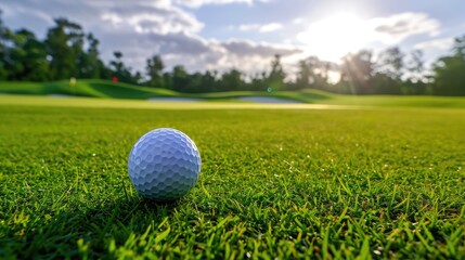 white golf ball on golf pin green grass near hole with golf course background. 