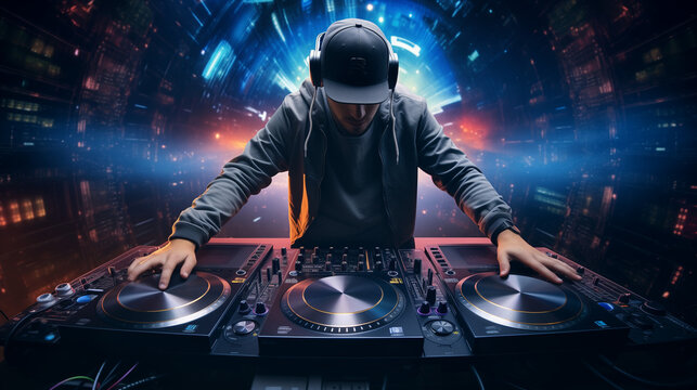 Dj controller with headphones on top of it, dj mixing music, Ai generated image 