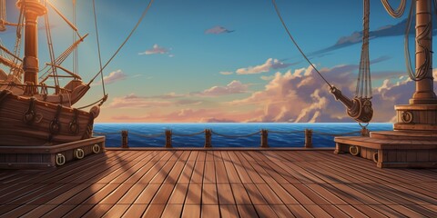 Naklejka premium Wooden deck of a pirate ship at sunset