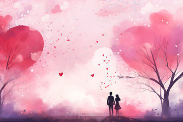 Valentine's day background with sweet hearts in pastel color by watercolor style with copy space for advertising, greetings card, invitation, posters, brochure, banners, calendar. Generative AI.