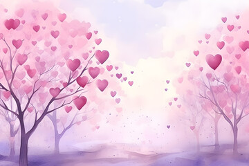 Valentine's day background with sweet hearts in pastel color by watercolor style with copy space for advertising, greetings card, invitation, posters, brochure, banners, calendar. Generative AI.