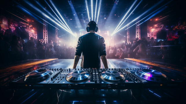 dj mixing music mixer, dj mixing music, dj at work, close-up of hands dj mixing music, close-up of dj mixer, dj doing cool music, DJ mixing tracks in a nightclub, Ai generated image