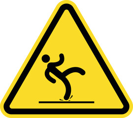 Wet floor slippery notice sign. Black on yellow background. Safety signs and symbols.