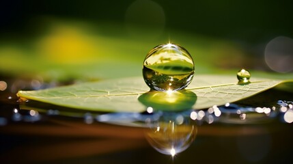 A droplet of water creating a beautiful reflection of the surroundings on a leaf.