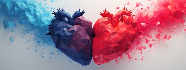 Abstract hearts in red and blue, fractured yet connected, reflect the shifting states of love and emotion.