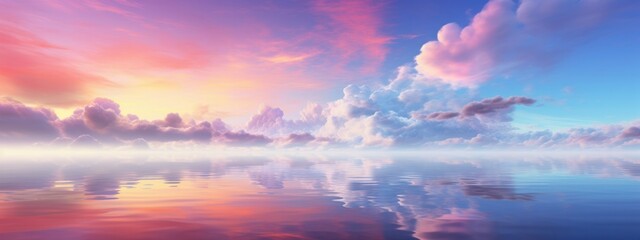 Pastel clouds reflecting on water at sunrise, a serene start to a new day.