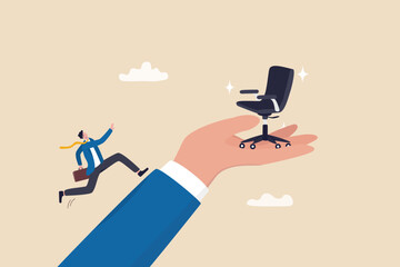 Employment opportunity, career path or motivation on job promotion position, ambition to reach career achievement, candidate to find new job concept, businessman run up big hand to new office chair.