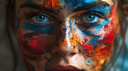 Vivid colors streak across a woman's face, painting a portrait of complex emotional layers and intensity.