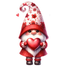 Valentines Gnome Watercolor, Cute Red and Pink Love Gnome