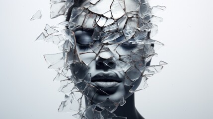 Woman's visage amidst a web of fractures, depicting the fragility and complexity of emotional states.