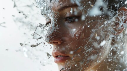 Profile of a woman's face dissolving into shattered glass, mirroring the fragmentation caused by mental disorders.