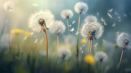 A field of dandelions in the wind, their delicate seeds creating a softly blurred dance.