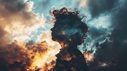 Silhouette of a person's head with cloudscape, representing a mood disorder with a blend of human and nature's turmoil.