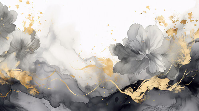Watercolor charcoal background with elements of gold splashes. Great for backgrounds, websites, postcards, invitations, banners, brochures, brochures. floral background with marble pattern