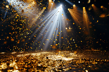 golden confetti rain on festive stage with light beam in the middle, empty room at night