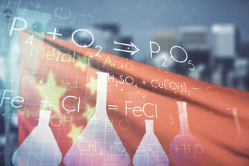 Abstract virtual creative chemistry hologram on flag of China and blurry cityscape background. Multiexposure