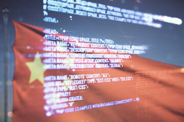 Multi exposure of abstract software development hologram on Chinese flag and blue sky background, research and analytics concept