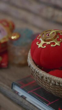 Decorate for the Lunar New Year, Red latern offers defense and drives out evil spirits from the home of Asian. Vertical video, pan shot, high quality, 4k. Tradition Tet Holiday. 