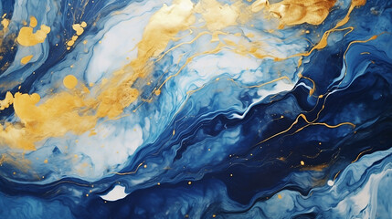 Fluid art texture design. Background with floral mixing paint effect. Mixed paints for posters or wallpapers. White, blue and golden overflowing colors. Liquid acrylic picture that flows and splash