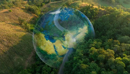 Cercles muraux Route en forêt Aerial view of road and green pine forest and soil. electric train concept Use renewable energy and maintain the ecosystem and natural environment as best as possible and help save the planet.