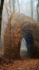 Wicker sculpture resembling a tunnel in a foggy forest