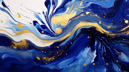 Fluid art texture design. Background with floral mixing paint effect. Mixed paints for posters or wallpapers. Gold and Royal Blue overflowing colors. Liquid acrylic picture that flows and splash - obrazy, fototapety, plakaty
