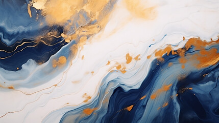 Fluid art texture design. Background with floral mixing paint effect. Mixed paints for posters or wallpapers. Gold and navy blue overflowing colors. Liquid acrylic picture that flows and splash - obrazy, fototapety, plakaty