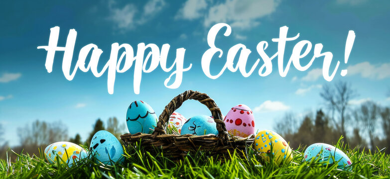 Joyful Easter Celebration with Colorful Eggs Cascading from a Tiny Basket Under the 'Happy Easter!' Sky Message
