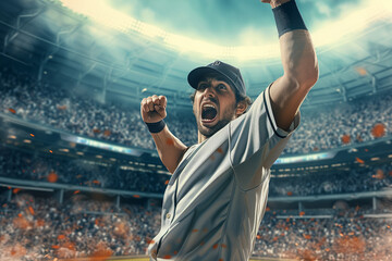 Champion's Elation: A Baseball Player's Exuberant Celebration of a Game-Winning Moment on the Diamond - obrazy, fototapety, plakaty
