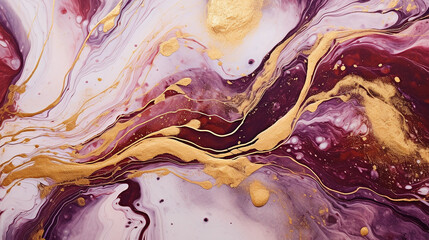 Fluid art texture design. Background with floral mixing paint effect. Mixed paints for posters or wallpapers. Gold and mauve overflowing colors. Liquid acrylic picture that flows and splash - obrazy, fototapety, plakaty