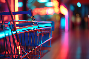 Shopping cart with neon colorful can be viewed in modern stores with copy space - obrazy, fototapety, plakaty