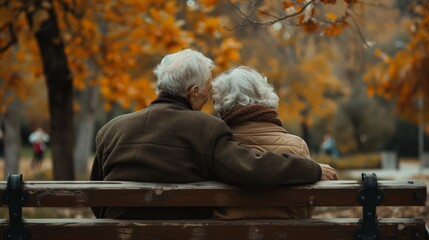 Fototapeta premium Intimate Moment of Senior Love in Autumn. Back view of seniors in embrace, autumn leaves backdrop.