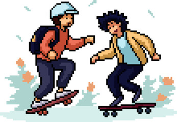 pixel art kid play skateboard
