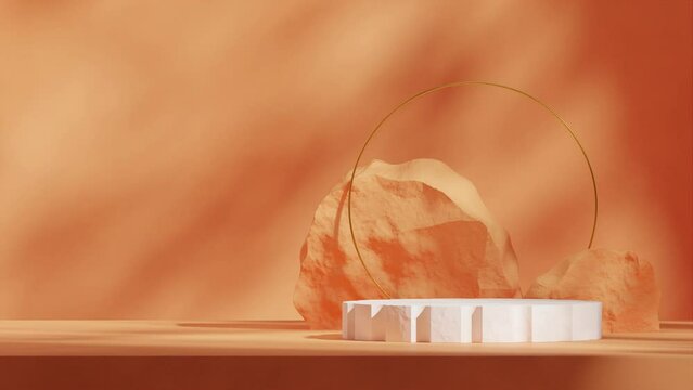 textured rock orange backdrop in 3d footage render of scene mockup white cylinder podium seamless loop shadow animation
