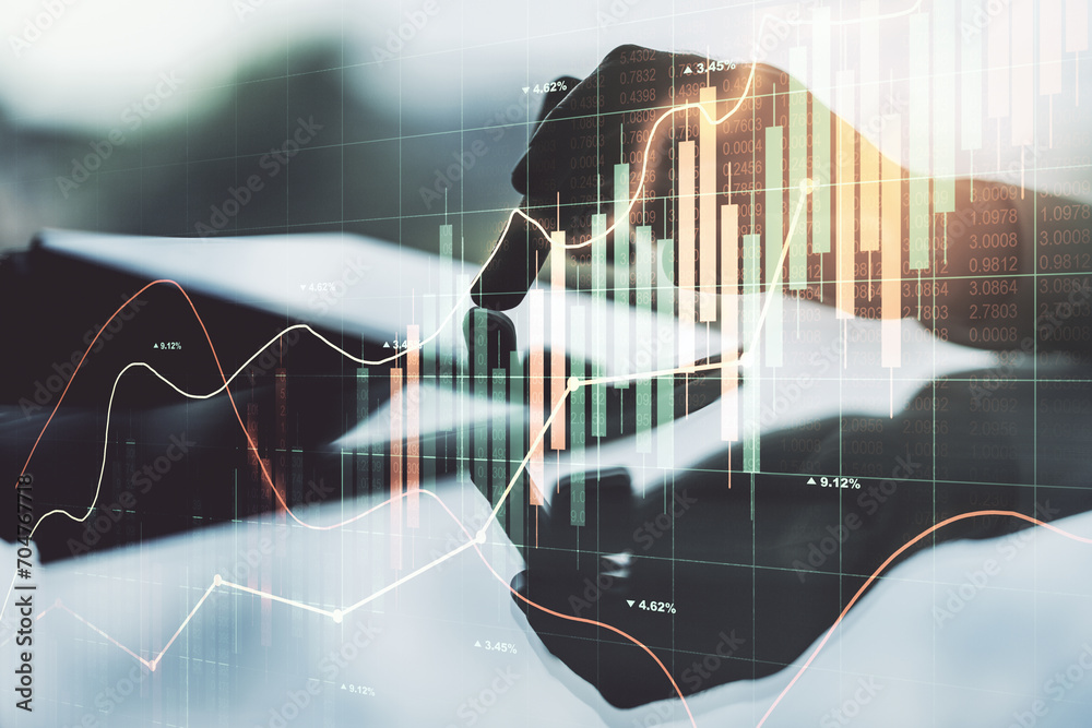 Poster abstract creative financial graph with finger clicks on a digital tablet on background, financial an