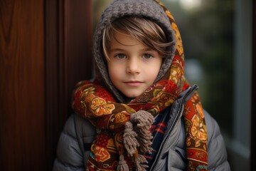 Portrait of a little boy in a warm coat and scarf on the background of the door