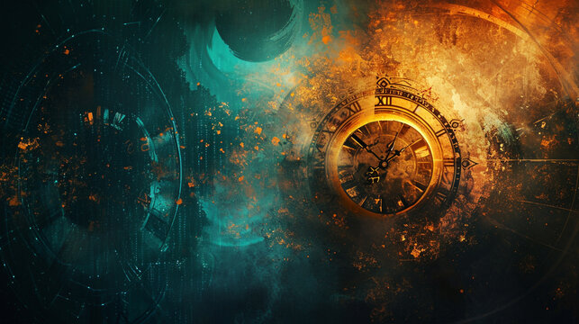 The concept of time through the use of clock motifs and futuristic time travel technology abstract background generated by ai