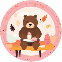 Cute cartoon bear having a picnic in autumn