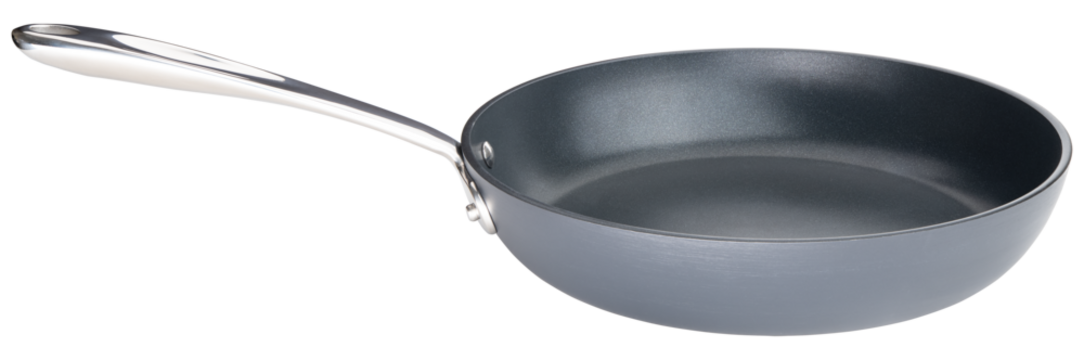 Frying pan. Ceramic nonstick pan with stainless steel handle. Fry pan for cooking. Gray ceramic coating. Free of PFAS, PFOA, lead and cadmium. Professional chef kitchenware. White isolated background