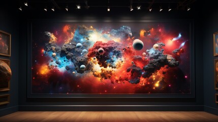 A cosmic-themed artwork displayed on a 3D wall mockup.