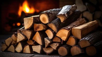 Deurstickers Stacked logs of firewood © Zemon